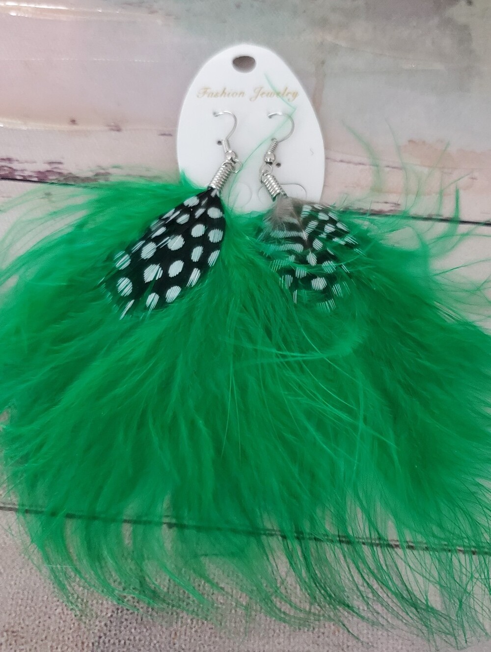Large Light Layered Green Feather Dangle Earrings.